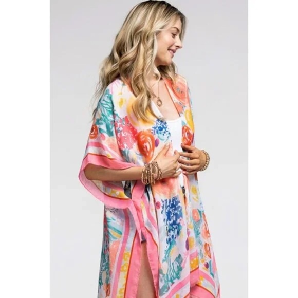 Pink Floral Print Contrast Border Spring Summer Kimono Open Wrap Coverup Top - Picture 2 of 5